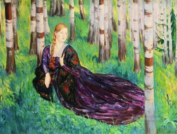 in the birch forest Boris Mikhailovich Kustodiev Oil Paintings